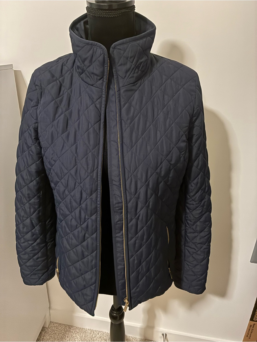 J. Crew Navy Quilted Puffer Jacket with Gold Zippers